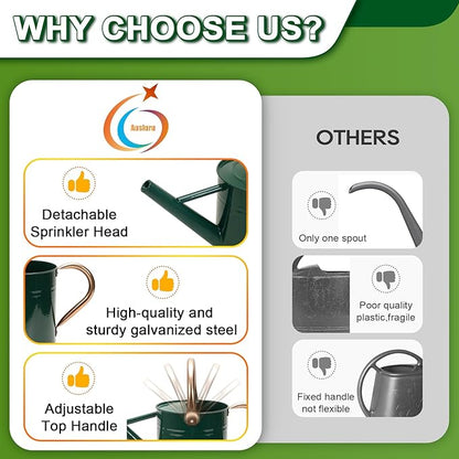 Metal Watering Can with Removable Spout, Galvanized Watering Can, Perfect for Indoor Use and for Outdoor Use (1 Gallaon, Green)