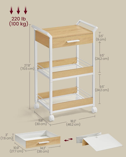 VASAGLE Storage Cart, 3-Tier Rolling Utility Cart with Table Top, Handles, 4 Lockable Casters, Top Drawer, Mesh Shelves, for Kitchen, Bathroom, Bedroom, Golden Oak and Cloud White ULRC048N01