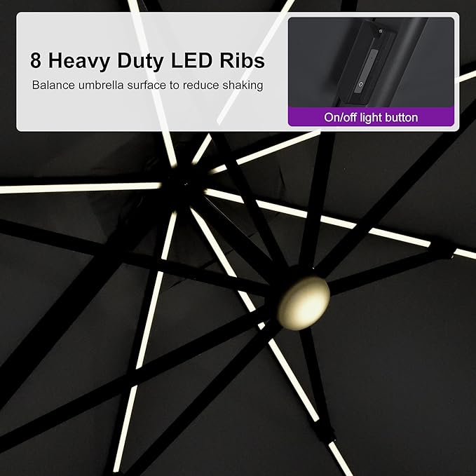 PURPLE LEAF 10 Feet Patio Umbrella Outdoor Cantilever Solar Powered LED Swivel Square Umbrella Aluminum Offset Umbrella with 360-degree Rotation for Garden Deck Pool Patio, Grey