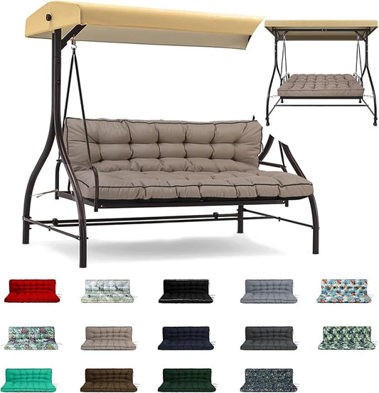 Swing Replacement Cushions with Backrest, 2 or 3 Seater Waterproof Non-Slip Overstuffed Swing Pad, Indoor/Outdoor Bench Cushion for Porch Chair Swings Garden Furniture (Khaki, 40 * 55 in)