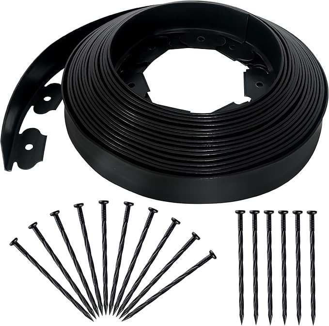 2 Inch x 50FT Landscape Edging Border with 45 Anchoring Spikes, No Dig Garden Border Edging Kit, Plastic Lawn Edging Border for Landscaping Garden Flower Beds Lawn Yard Paver Pathway, Black