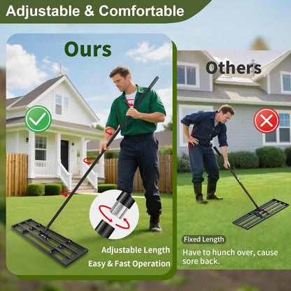 Lawn Leveling Rake-32"x10" Heavy Duty Leveler Reinforced Landscape Tool, Steel Golf Rake with Serrated Edge & Smooth Plate for Level Soil Compost Sand Grass Dirt Yard Garden 6.5FT Adjustable Handle