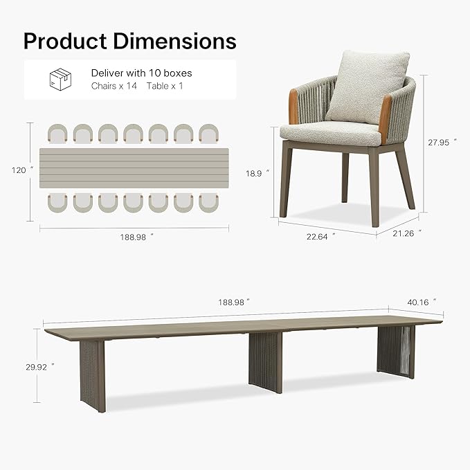 PURPLE LEAF 15 Pieces Outdoor Dining Set for 14, Aluminum Outdoor Patio Table and Chairs Set with Olefin Cushions, All-Weather Patio Dining Set for Garden or Deck, Beige