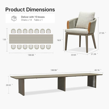 PURPLE LEAF 15 Pieces Outdoor Dining Set for 14, Aluminum Outdoor Patio Table and Chairs Set with Olefin Cushions, All-Weather Patio Dining Set for Garden or Deck, Beige