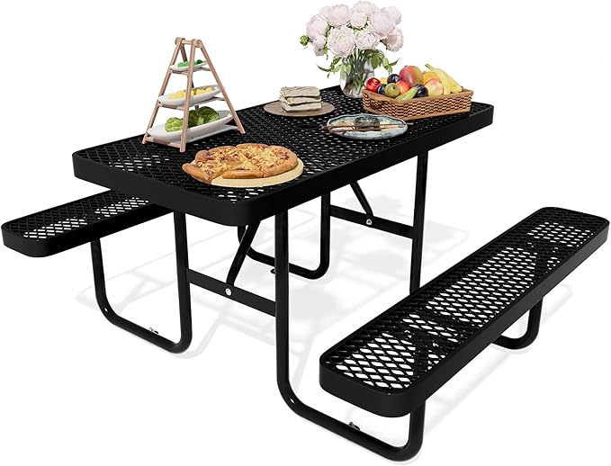 4FT Rectangular Steel Outdoor Picnic Table,Commercial Black Picnic Table Bench Set with Umbrella Hole, Weather-Resistant Heavy Duty School Dining Table for Patio, Garden, Backyard
