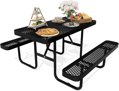 4FT Rectangular Steel Outdoor Picnic Table,Commercial Black Picnic Table Bench Set with Umbrella Hole, Weather-Resistant Heavy Duty School Dining Table for Patio, Garden, Backyard