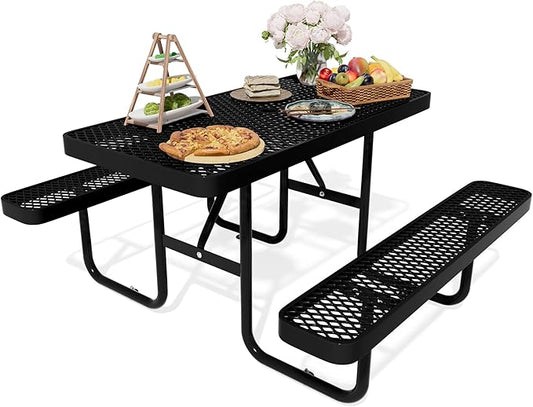 4FT Rectangular Steel Outdoor Picnic Table,Commercial Black Picnic Table Bench Set with Umbrella Hole, Weather-Resistant Heavy Duty School Dining Table for Patio, Garden, Backyard