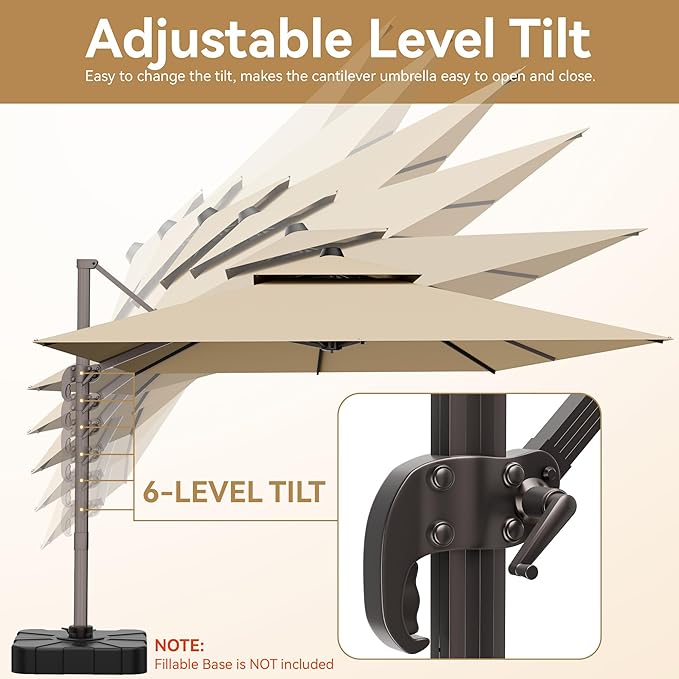 10x13 FT Patio Umbrella, Large Cantilever Rectangular Double Top Heavy Duty Offset Umbrellas with 360° Rotation, Outdoor shade for Garden Deck Pool Patio, Tan