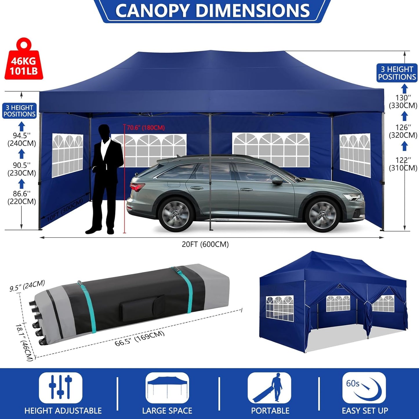 COBIZI 10x20 Pop up Canopy Tent Heavy Duty with 6 Sidewalls, Easy Set-up Commercial Outdoor Party Tent, 100% Waterproof Wedding Gazebo, 3 Height Adjustable with Wheeled Bag, Dark Blue