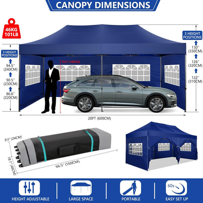 COBIZI 10x20 Pop up Canopy Tent Heavy Duty with 6 Sidewalls, Easy Set-up Commercial Outdoor Party Tent, 100% Waterproof Wedding Gazebo, 3 Height Adjustable with Wheeled Bag, Dark Blue