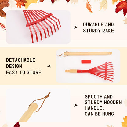 Kids Rakes with Hardwood Handle - Metal Kids Leaves Rakes, 28" Child Size Lawn Rakes with Vibrant Red Heads, Garden Tool Set for Kids Boys and Girls