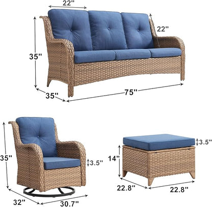 Rilyson Outdoor Patio Wicker Furniture Set - 5 Piece Rattan Patio Conversation Sectional Sofa Set with 1 Couch,2 Armchairs,2 Ottomans for Porch Deck Garden(Yellow/Blue)