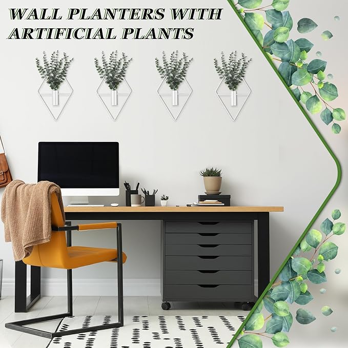 Jexine Hanging Planters with Artificial Eucalyptus Metal Hanging Vase Indoor Plants Holder Modern Geometric Boho Bathroom Wall Decor for Living Room Home Office (White,8 Pcs)