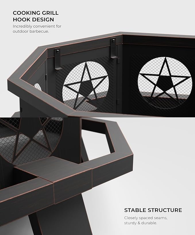 35 inch Fire Pit, Large Firepits for Outside Wood Burning Fire Pits with Cooking Grill, Outdoor Fire Pit Octagonal Heavy Duty Firepit with Poker for Bonfire, Backyard, Patio, Bronze