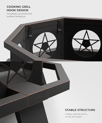 35 inch Fire Pit, Large Firepits for Outside Wood Burning Fire Pits with Cooking Grill, Outdoor Fire Pit Octagonal Heavy Duty Firepit with Poker for Bonfire, Backyard, Patio, Bronze