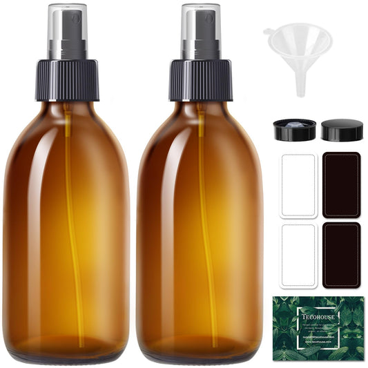 Tecohouse Amber Glass Spray Bottles 8.8 oz, 2 Pack Empty Spray Bottle for Essential Oils, Small Glass Bottles for Cleaning Solutions, Plants, Hair with Durable Nozzle, Labels, Funnel