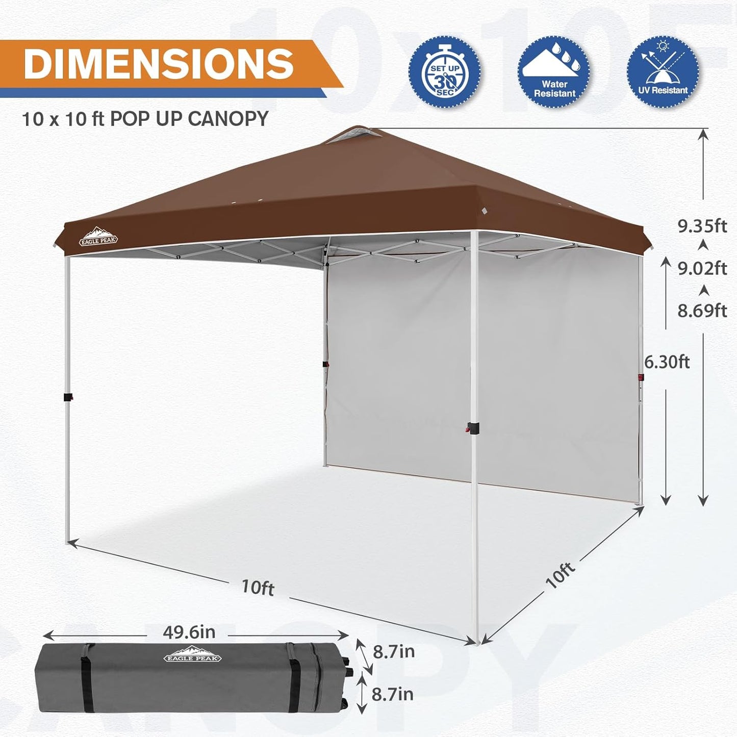 EAGLE PEAK Pop Up Canopy Tent with 1 Sidewall, Easy Setup Event Tent, Outdoor Sun Shade, Wheeled Carry Bag, Stakes and Guy Ropes, Instant Canopy 10x10, Dark Brown