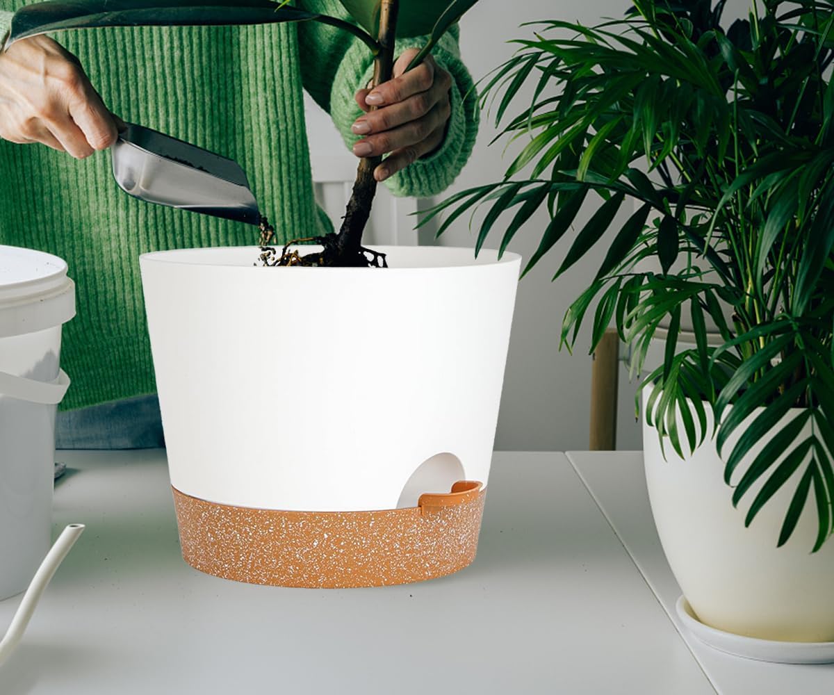 12+12Inch 2Pack Large Flower Pots for Indoor/Outdoor Plants,Self Watering Planters with Reservoir and Drainage Hole White Plastic Planting Pots Modern Home Decor Gift Idea