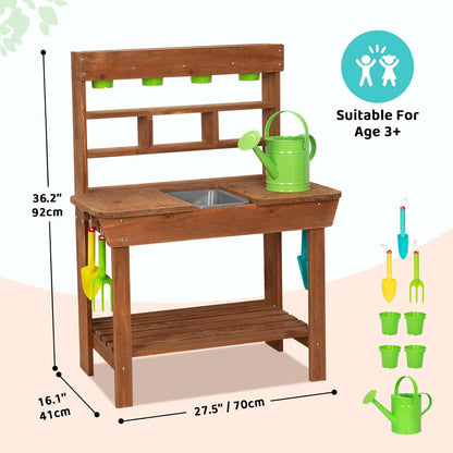 OOOK Potting Bench with Removable Sink, Potting Benches for Outside, Mud Kitchen for Kids Outdoor with Gardening Tools, Watering Can, Flower Pot, Ideal Gift for Boys and Girls 3+, Solid Fir Wood