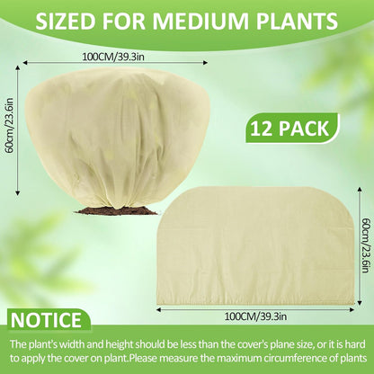 12 Pcs Winter Plant Covers Freeze Protection 39.4x23.6 Inch Horizontal Shrub Tree Rose Plant Protection Bags Frost Blanket with Drawstring for Fall Winter Outdoor Garden Planting (Beige)