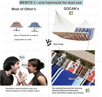 Double Hammock with Quilted Fabric and Spreader Bars,Longer and Sturdier,Quality Hammocks for Outdoor Indoor Patio Yard