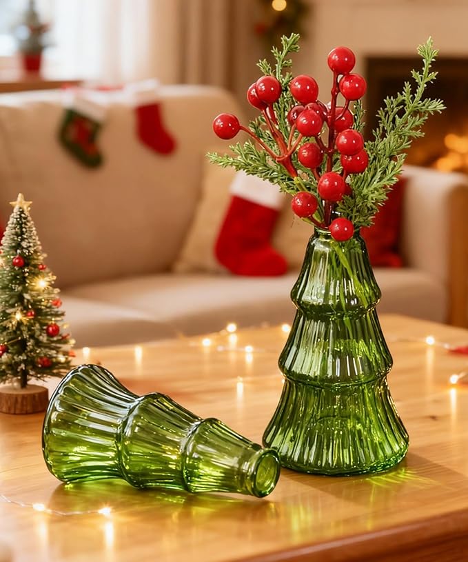 Nacome Christmas Tree Propagation Stations: 2PCS Plant Terrarium Glass Vases for Home Office Decor, for Plant Lovers Women Mom (Green)