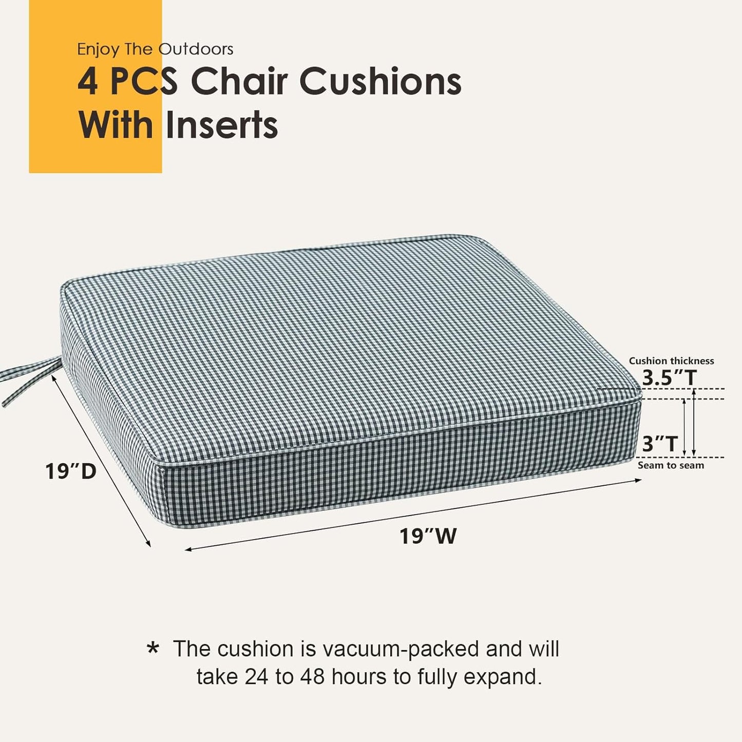 Outdoor Square Corner Seat Cushion, 19"x19"x3", Set of 4, Non Slip Seat Cushion Pads with Removable Cover for Patio Furniture, Garden Yard Lawn, Black White Mini Check