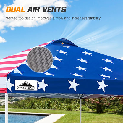 EAGLE PEAK Pop Up Canopy Tent with Wheeled Carry Bag, 8 Stakes, 4 Ropes, 4 Weight Bags, Easy Set Up Tent Canopy, 10x10 ft, 100sqft of Shade, American Flag