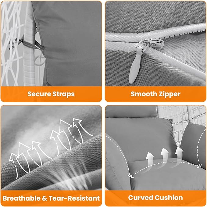 Egg Chair Cushion, Hanging Basket Hammock Seat Cushion, Thick Soft Egg Swing Chair Pad with Headrest for Patio Porch Furniture Outdoor (Grey, 39.37x45.28x4.72in)