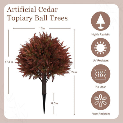 24" Artificial Cedar Topiary Ball Bushes, Set of 2 UV Resistant Fake Trees Outdoor Shrubs with Stake, Weatherproof Faux Plants for Planter, Front Porch, Garden, Yard, Patio Fall Decor