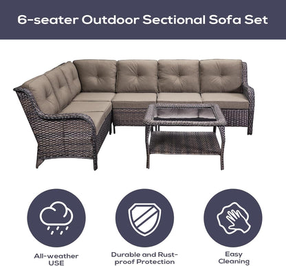 Outdoor Furniture Sectional Sofa L Shaped Couch - Patio Wicker Set with Coffee Table, 3 Piece Rattan Patio Conversation Sets with Gray Cushion for Deck Backyard Sunroom