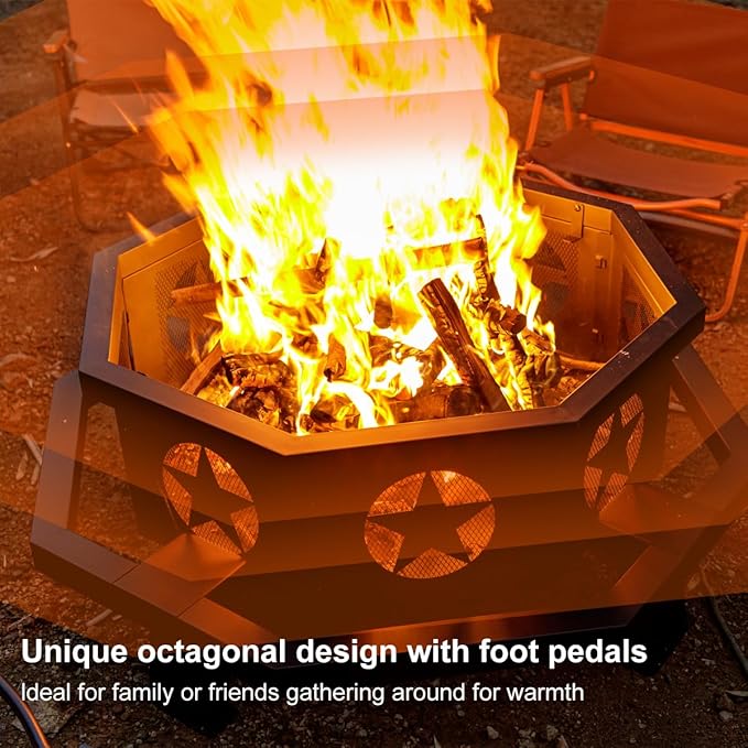 42 inch Fire Pit for Outside, Heavy Duty Wood Burning Fire Pits with Fire Poker, Outdoor Octagonal Firepit for Camping, Yard, Patio