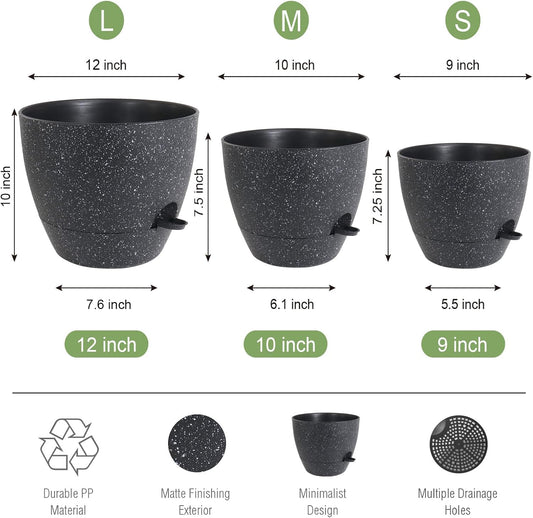 Large Self Watering Pots, 12/10/9 Plastic Planters with High Drainage Holes and Deep Reservoir for Indoor Outdoor Garden Plants and Flowers, Black Speckles