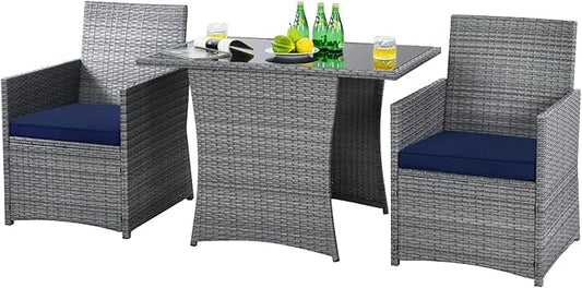 HAPPYGRILL 3PCS Outdoor Wicker Bistro Set Space-Saving PE Rattan Dining Table Set with Cushioned Chairs, Patio Conversation Set for Backyard Porch Garden and Poolside