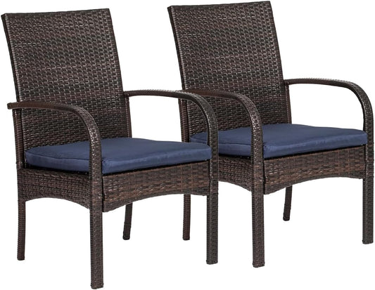 Outdoor Wicker Patio Dining Chairs with Padded Cushions Set of 2: Porch Rattan Chairs Club Chairs with High Back and Deep Seating 350lbs, Brown