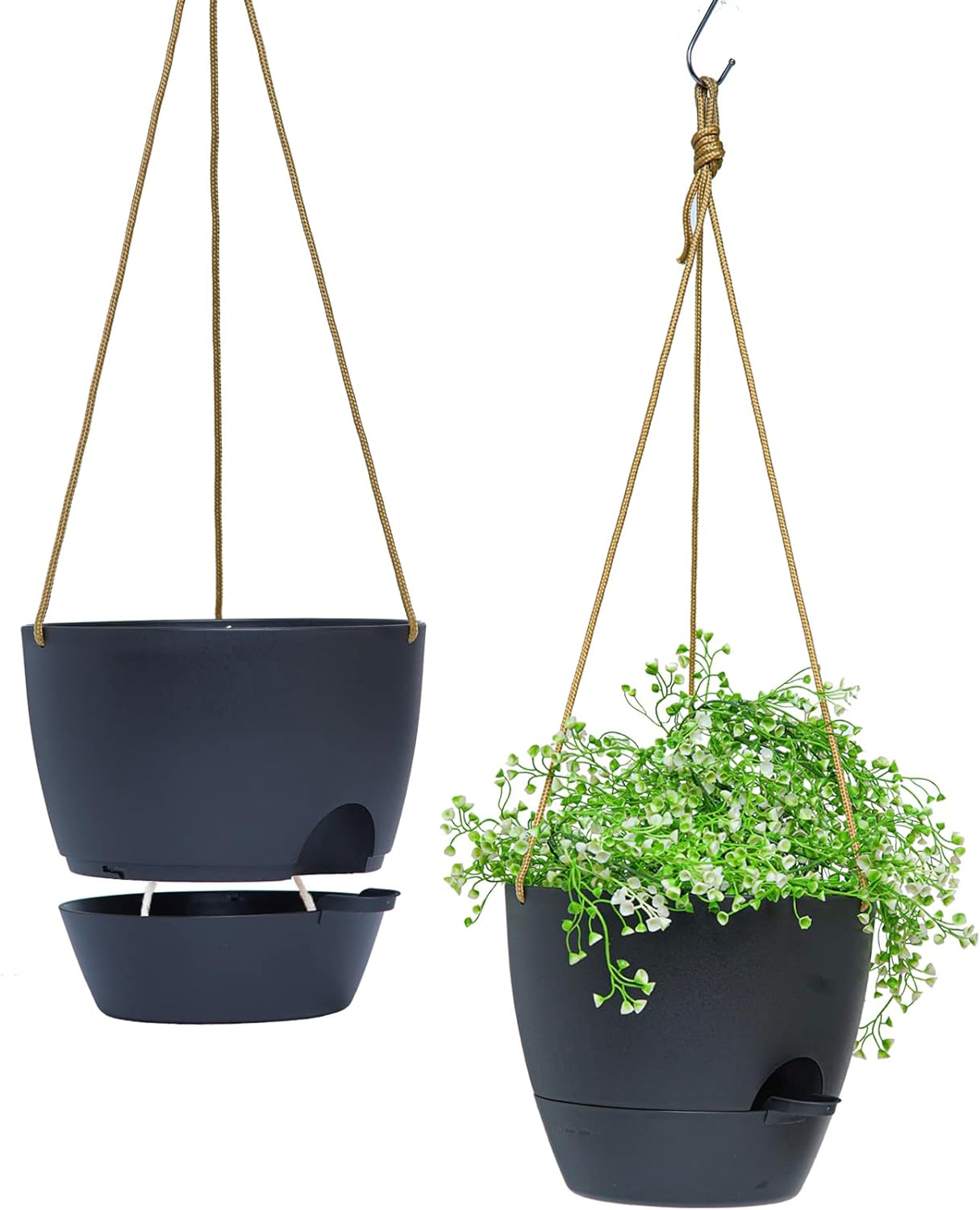 8 inch Hanging Planters, 2 Pack Self Watering Hanging Pots with 20oZ Deep Reservoir for Indoor Outdoor Plants Flowers, Black