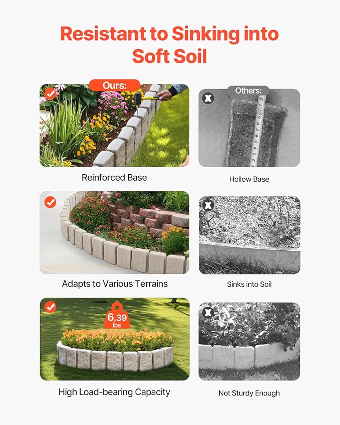 VEVOR Faux Stone Landscape Edging, No Dig Garden Edging Border, Flexible Blocks for Lawn Edging, Flower Beds, Driveway, Yards with 12 Spikes, 4 Pack 24 Bricks 16FT Kit, 47.2" Lx 4" W x 9" H, Beige