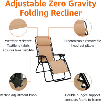 Amazon Basics Outdoor Patio Zero Gravity Lounge Chair with Pillow, Folding Reclining and Textilene Adjustable, Folding Lounge Lawn Chairs for Outside, 26", Beige