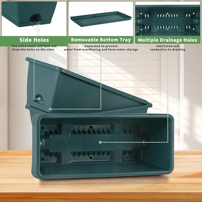 HAITRAL Railing Planter Boxes (16.9 Inch, 4 Pack) Green Plastic Deck Rail Planter for Outdoor Plants, Hanging Window Boxes Planter with Drainage Tray for Over Rail Porch Fence,Balcony & Home Decor