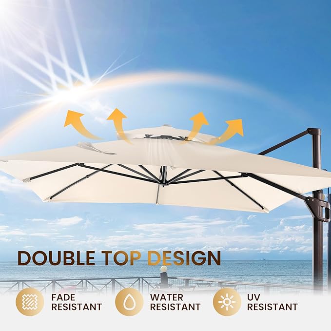 10 X 13 FT Cantilever Patio Umbrella with Base Included Outdoor Heavy Duty Double Top Windproof Rectangle Offset Umbrellas with 360-degree Rotation for Pool Deck Backyard, Beige