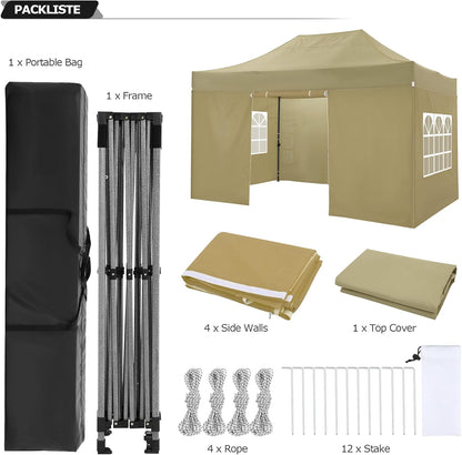 COBIZI 10x15 Heavy Duty Pop up Canopy Tent with 4 sidewalls Commercial Outdoor Canopy Wedding Party Tents for Wedding All Season Wind & Waterproof Gazebo with Carry Bag, Khaki(Frame Thickened)