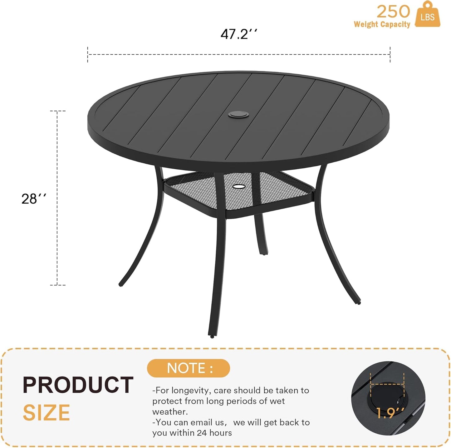 VICLLAX 47.2" Outdoor Round Patio Table for Lawn Garden, All Weather Metal Round Patio Dining Table with Adjustable Umbrella Hole, 6 Person Patio Table, Black Tabletop