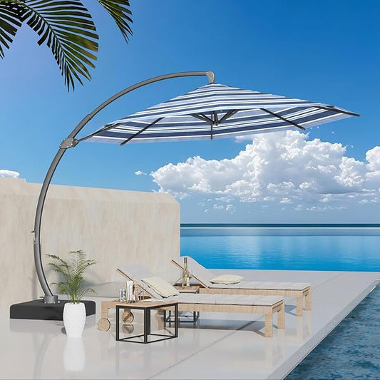 Kingdura 11ft Offset Cantilever Patio Umbrella with Base Included, Large Round Aluminum Outdoor Umbrella with 100% Acrylic Fabric, 360° Rotation & Infinite Tilt for Deck Pool Backyard, Blue Stripes