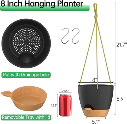 ZMTECH 8 Inch Hanging Planters for Indoor Outdoor Plants, 2 Pack Self Watering Hanging Plant Pots with Drainage Holes and Removable Saucer, Plastic Flower Hanging Pots with Watering Lip (Black)