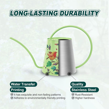 Berry&Bird House Plants Watering Can - Indoor & Outdoor 1/2 Gallon Stainless Steel Water Can with Long Spout Garden Decoration for Flower Bonsai Succulent Gardening Large Watwer Bottle(2L/Robin)