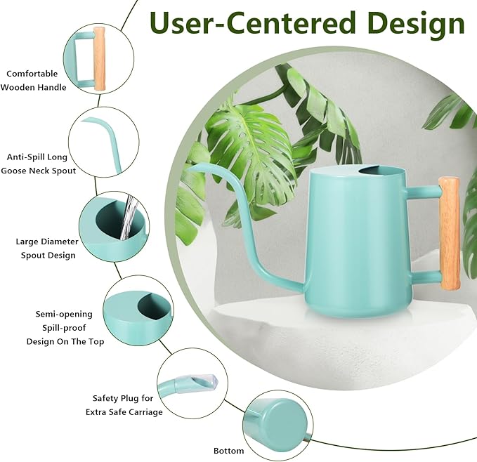 Watering Can Indoor Plants, 35oz Small Indoor Stainless Steel Metal Watering Can Modern Decorative Watering Pot with Long Spout for Indoor House Plant Bonsai Outdoor Garden Flowers -Green