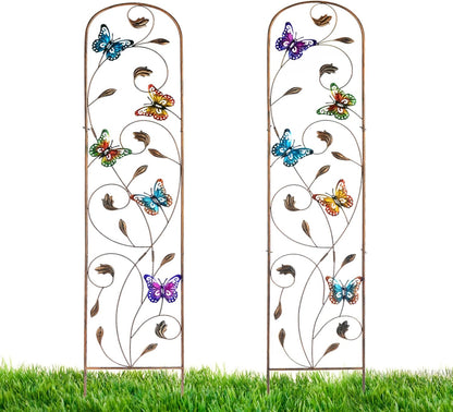 LEWIS&WAYNE 2 Pack Metal Garden Trellis with Colorful Butterfly 60 Inch High Outdoor Decoration Arched Fence Trellis for Climbing Plants for Patio, Lawn, Yard, Backyard, Wall Brackets