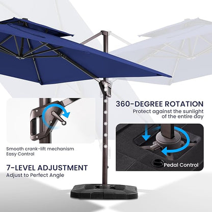 10x10 FT Cantilever Patio Umbrella with Base Included Double Top Outdoor Square Large Heavy Duty Aluminum Offset Umbrellas with 7 Level Tilt 360-degree Rotation for Pool Garden Deck,Navy