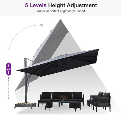 PURPLE LEAF 11' X 15' Rectangle Patio Umbrella Large Outdoor Aluminum Offset Umbrella with 360-degree Rotation Cantilever Umbrella for Garden Deck Backyard Pool Grey