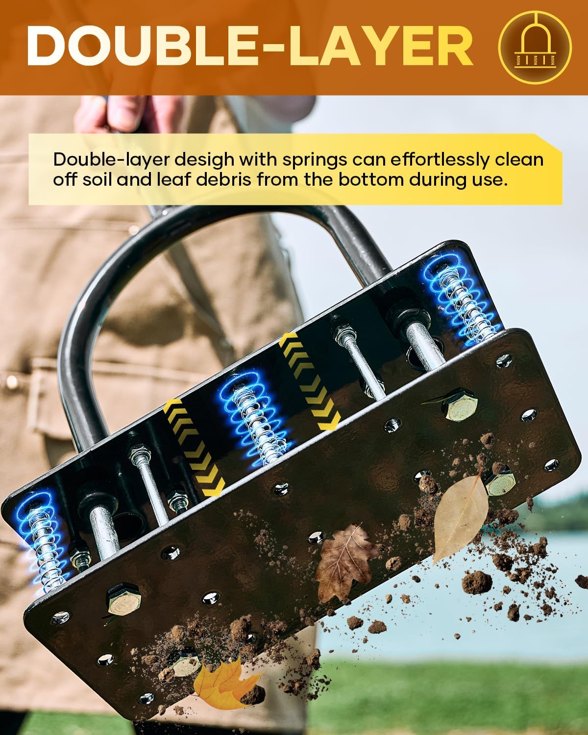 Saker Lawn Aerator Tool, Lawn Aerator with 15 Iron Spikes, Automatic Leaf and Dirt Cleaning with Spring-Loaded Design, Metal Manual Aerator for Loosening Soil Aerating Patio, Yard, Garden Black